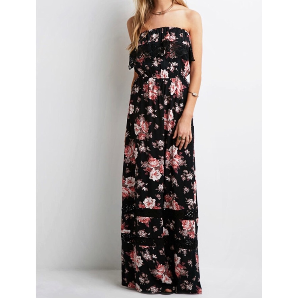 F21 Black Floral Crochet Maxi Dress